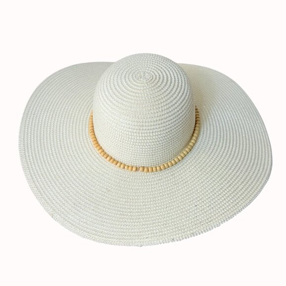 New Day Wide Brim Straw Sun Hat Wooden Bead Band Size M Resort Chic Beach Cruise - Picture 3 of 16